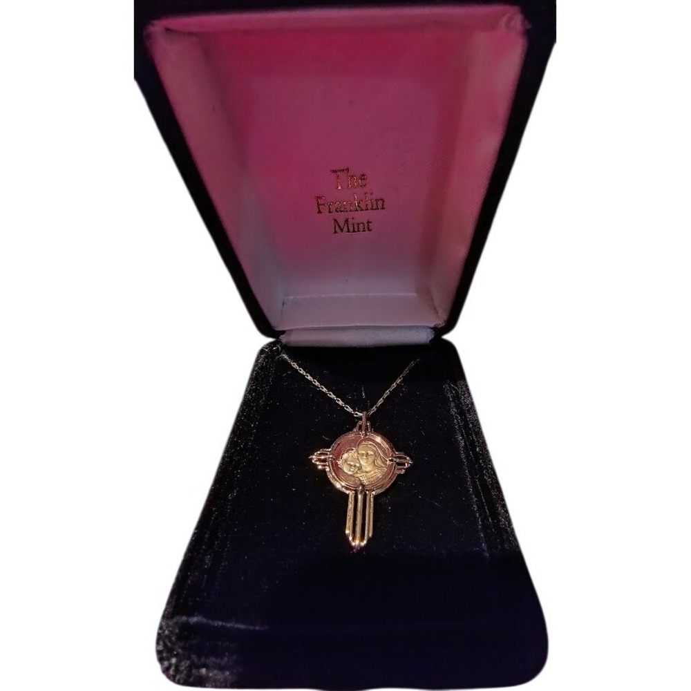 1989 Franklin Mint Sterling Silver & 14K Gold Madonna and Child Pendant Necklace - Picture 6 of 6